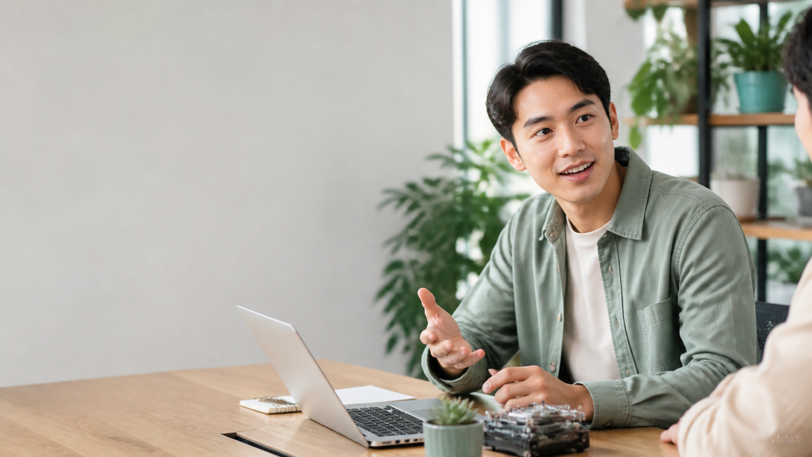 Người học tiếng Anh nhờ đồng nghiệp hỗ trợ trong không gian làm việc