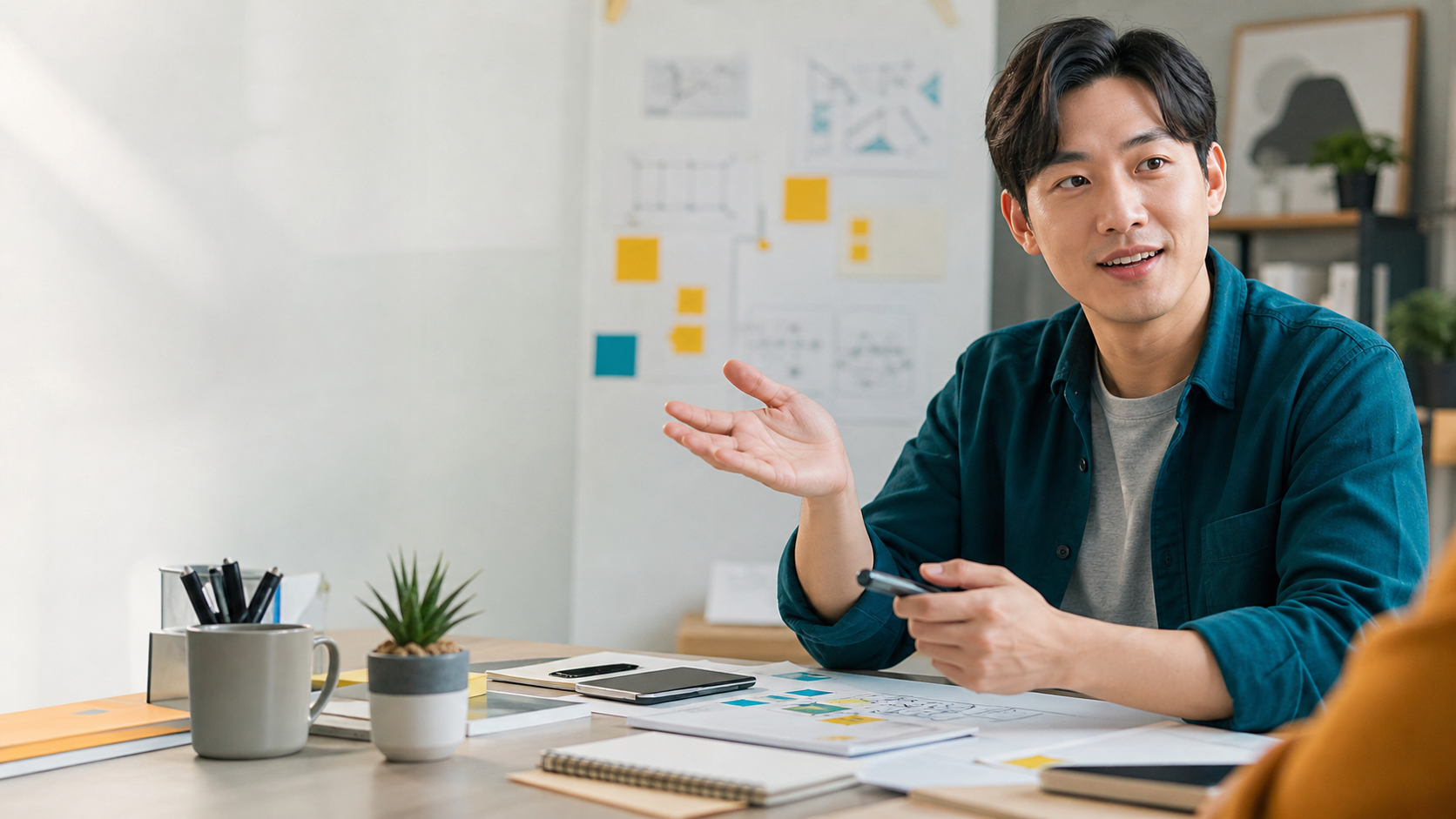 Đồng nghiệp trình bày một phương án giải quyết trong buổi trao đổi nhóm