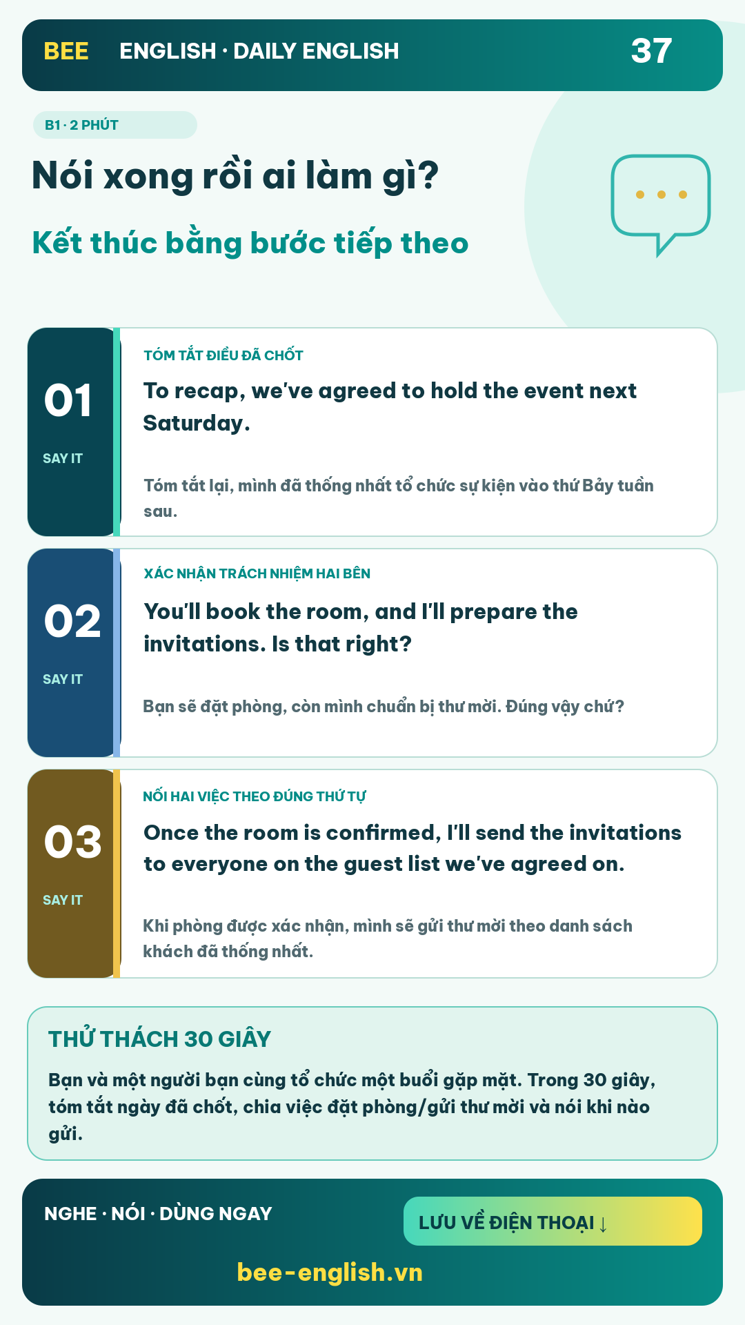 Thẻ học Daily English 37: Nói xong rồi ai làm gì? Kết thúc bằng bước tiếp theo