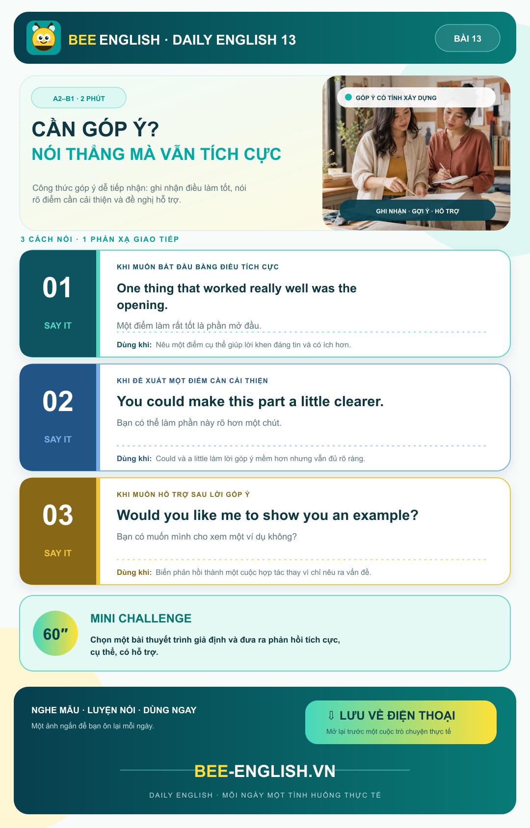 Thẻ học BeeEnglish Daily English 13 với ba mẫu câu về cần góp ý?